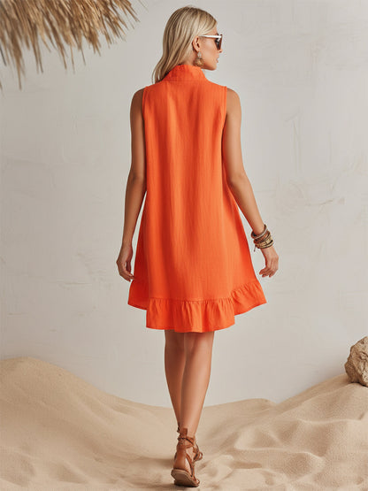 Women's Bright Orange Half-Zip Mini Dress with Ruffled Hem and Stand-Up Collar