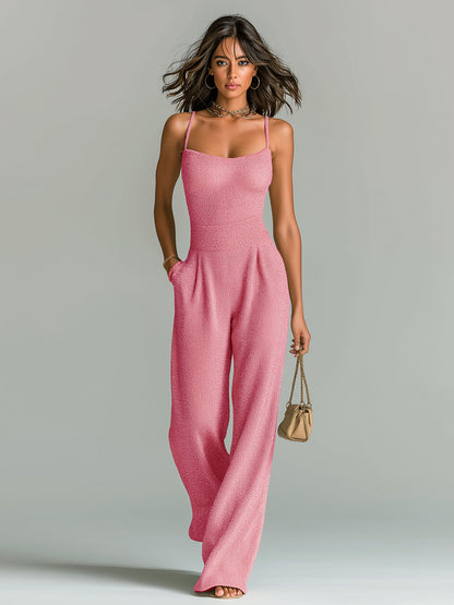 Women's ElevenOra Stylish Camel Strappy Sleeveless Tailored Wide Leg Ribbed Jumpsuit