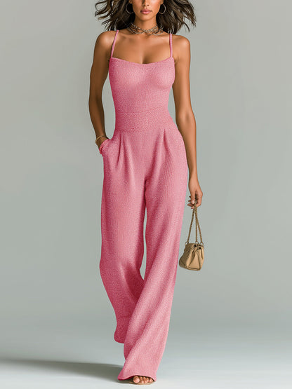 Women's ElevenOra Stylish Camel Strappy Sleeveless Tailored Wide Leg Ribbed Jumpsuit