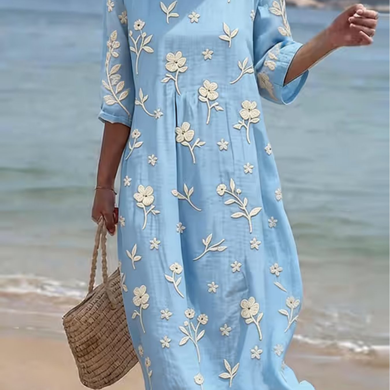 Maxine | Women's Embroidered Mid-Sleeve Midi Dress