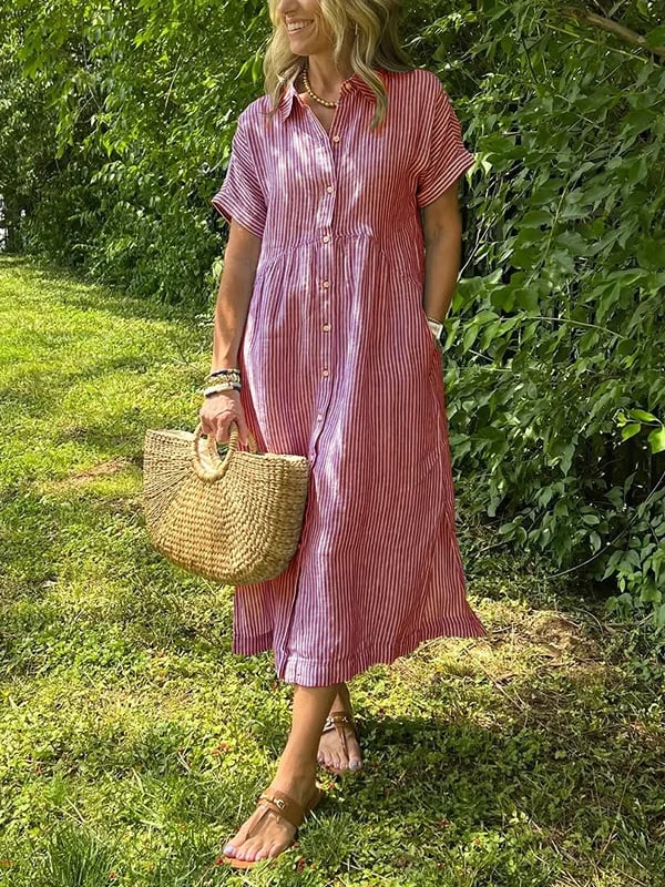 Gwen | Women's Striped Shirt Maxi Dress with Pockets