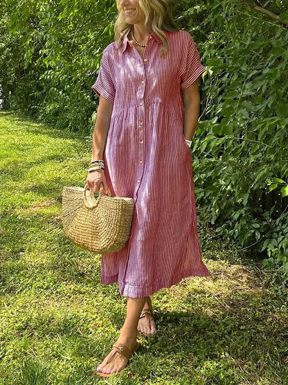Gwen | Women's Striped Shirt Maxi Dress with Pockets