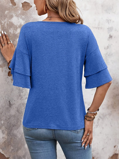 Hazel | Women's Relaxed Flare Sleeve V-Neck T-Shirt with Ruffle Detail