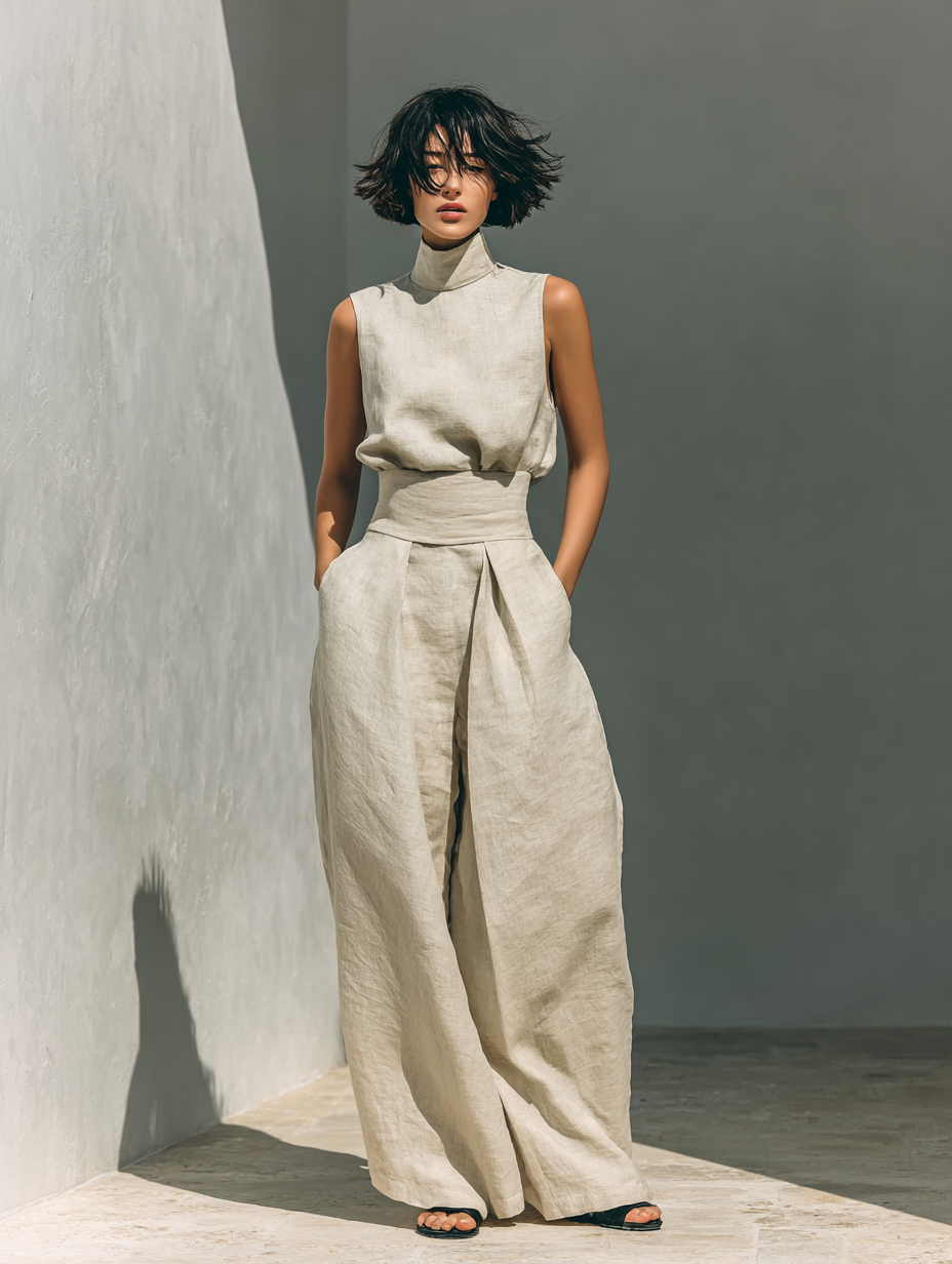 Women's Sleeveless, Blouse and Wide-Leg Trousers Ensemble