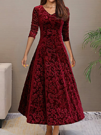 Nancy | Women's Luxe Holiday Midi Dress with V-Neck and Long Sleeve