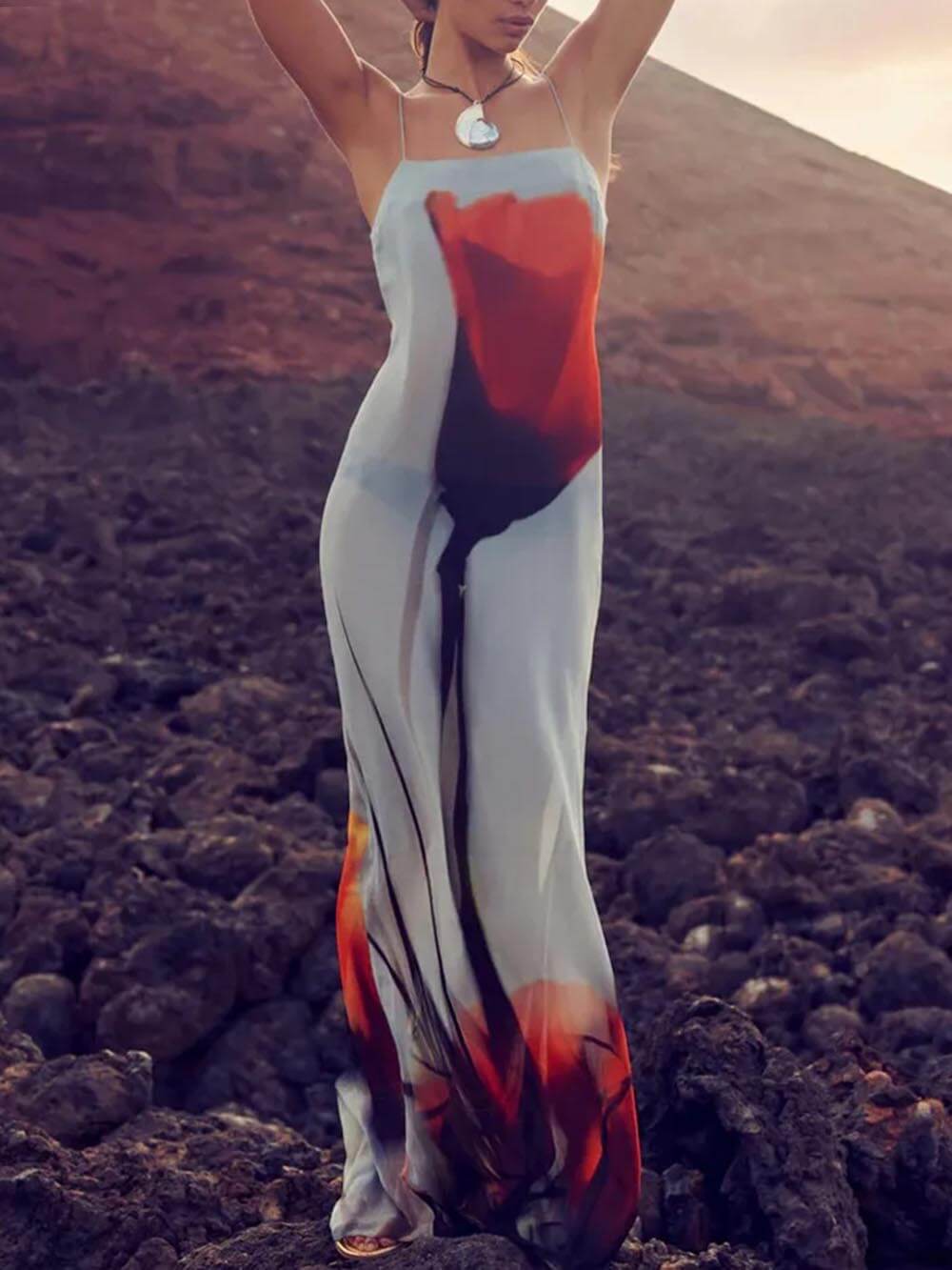 Women's Abstract Tulip Print H-Line Maxi Dress for Vacation