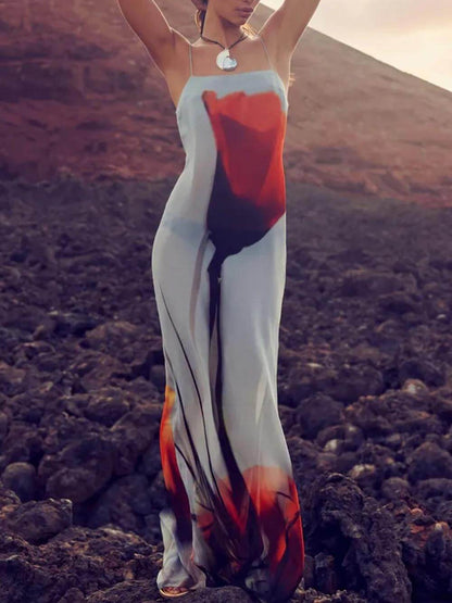 Women's Abstract Tulip Print H-Line Maxi Dress for Vacation