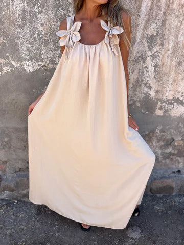 Floral Pattern Women's Maxi Dress with U-Shaped Neckline in Solid Colour