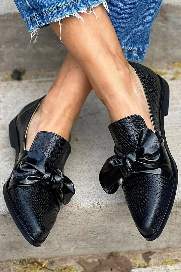 Women's Lightweight Slip-On Black Loafers With Shiny Bow