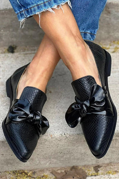 Women's Lightweight Slip-On Black Loafers With Shiny Bow