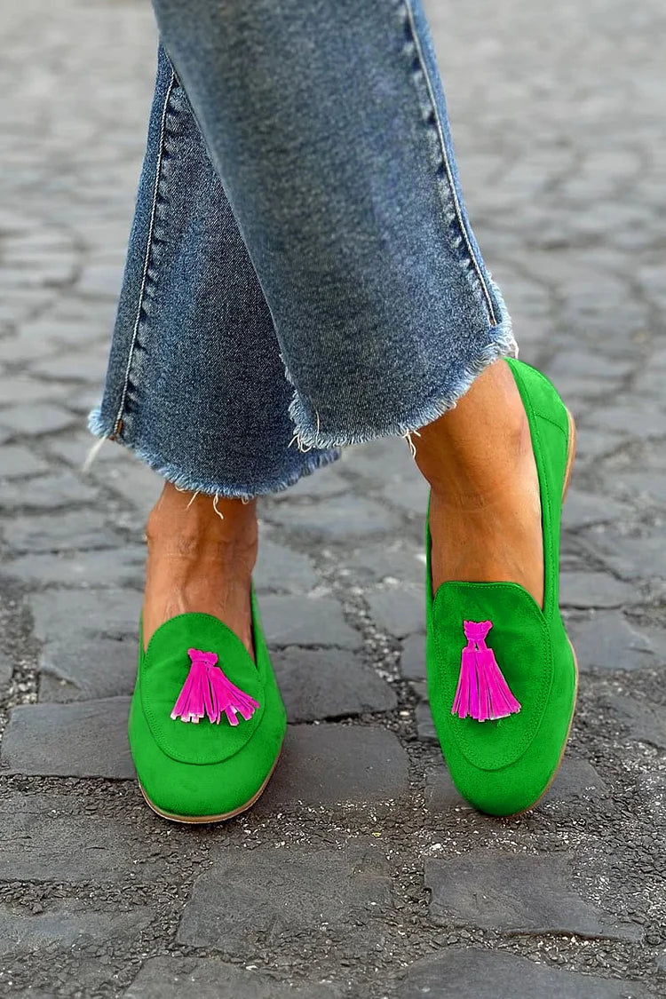 Women's Cushioned Slip-On Green Loafer With Fuchsia Fringes