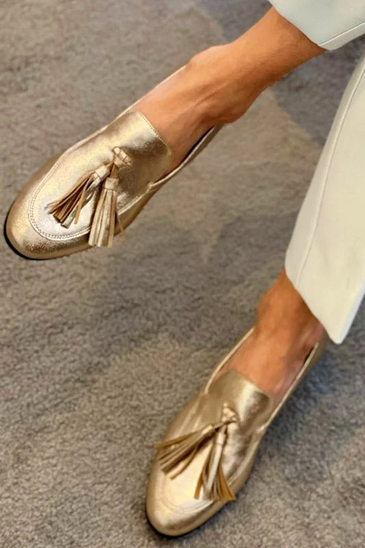 Women's Slip-On Golden Moccasins With Tassels