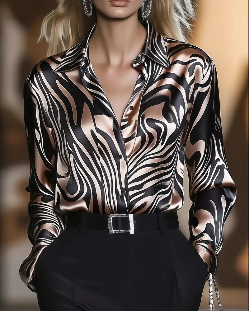 Women's Chic and Stylish Printed Blouse with V-Neck and Long Sleeve