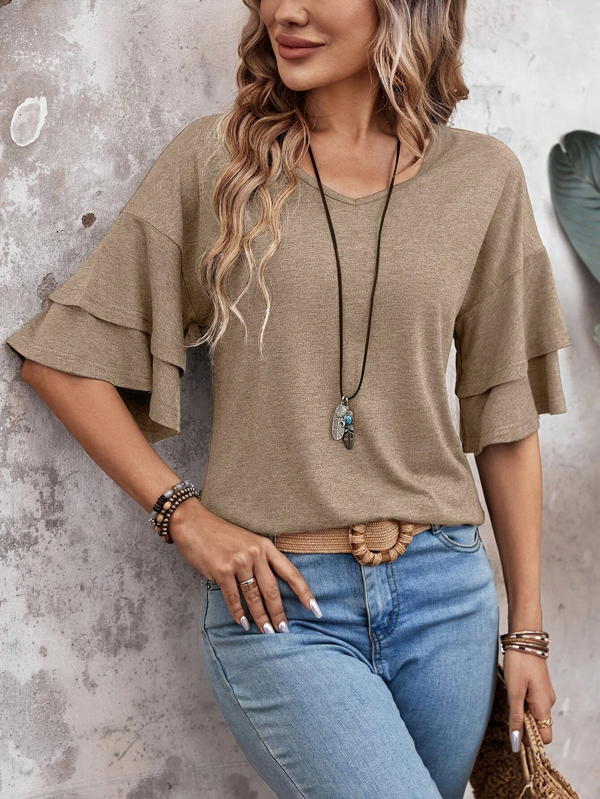Hazel | Women's Relaxed Flare Sleeve V-Neck T-Shirt with Ruffle Detail