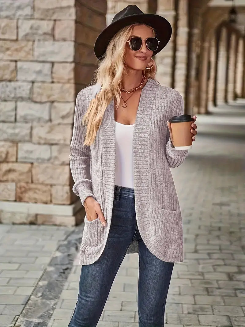 Neva | Women's Longline Elegant Ribbed Long Sleeve Cardigan