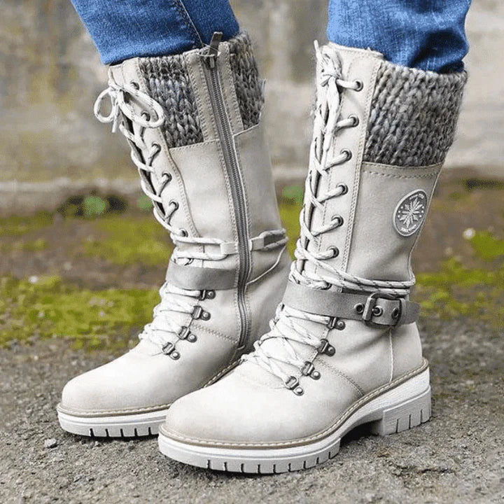 FrostLuxe | Women's Cushioned Buckle Waterproof Knee-Length Lace-Up Boots