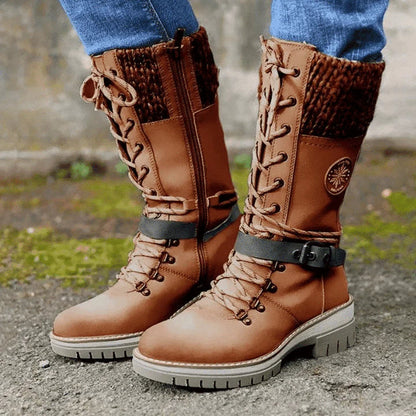 FrostLuxe | Women's Cushioned Buckle Waterproof Knee-Length Lace-Up Boots