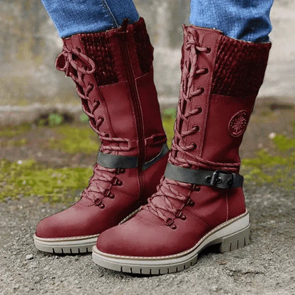 FrostLuxe | Women's Cushioned Buckle Waterproof Knee-Length Lace-Up Boots
