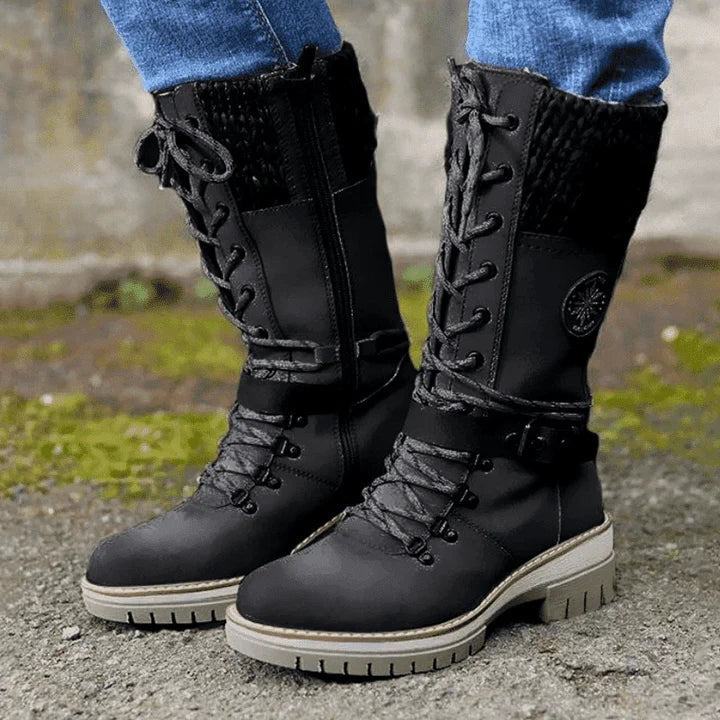 FrostLuxe | Women's Cushioned Buckle Waterproof Knee-Length Lace-Up Boots