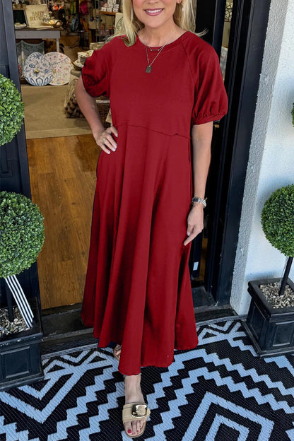 Women's Elegant Maxi Dress with Puff Sleeves and Round Neck