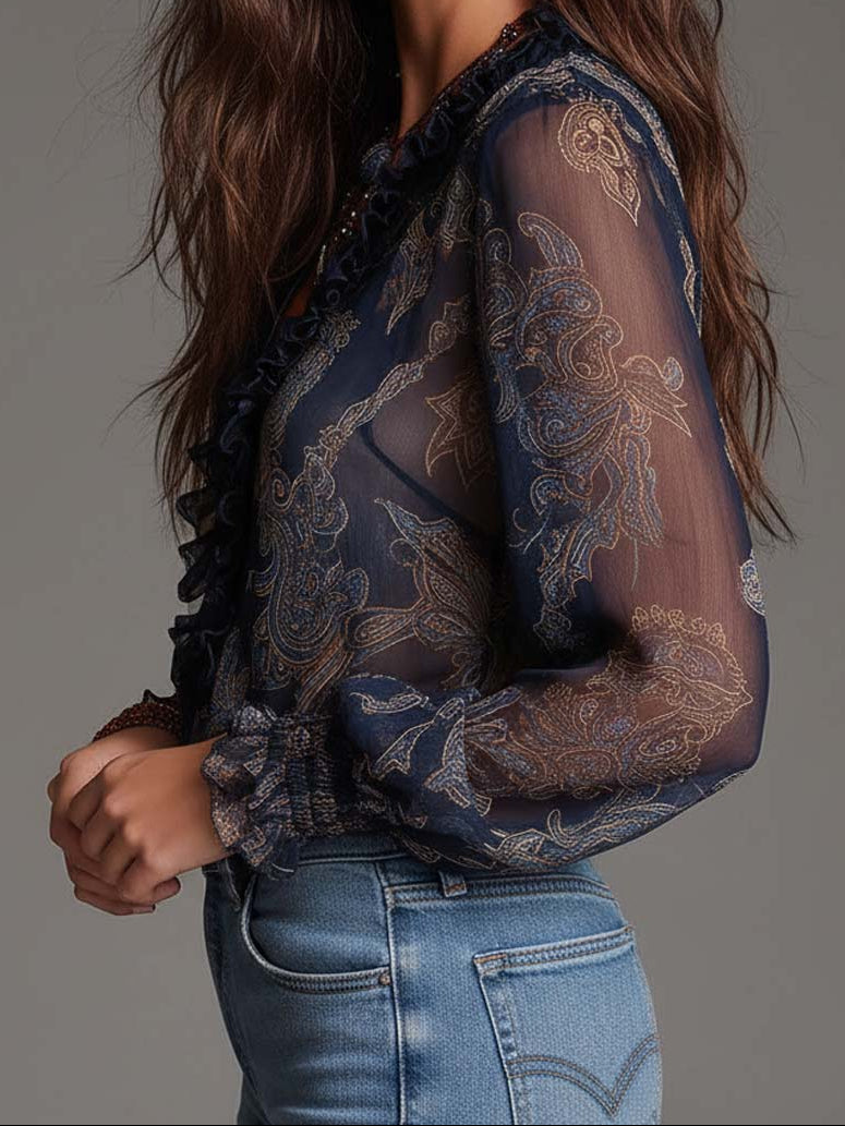 Elise | Women's Longline Ruffled Blouse Featuring Baroque Paisley Print