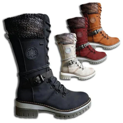 FrostLuxe | Women's Cushioned Buckle Waterproof Knee-Length Lace-Up Boots