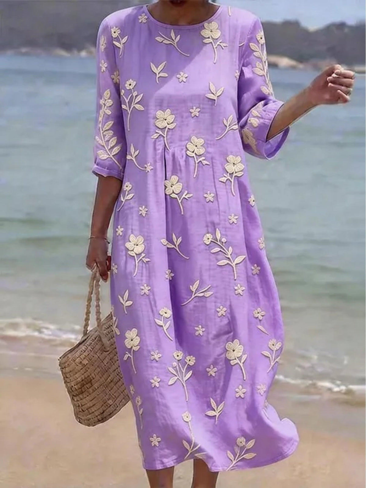 Ella | Women's Embroidered Mid-Sleeve Midi Dress