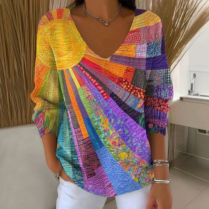 Women's Retro Colourful Patchwork Tee with V-Neck and Long Sleeve