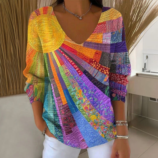 Women's Retro Colourful Patchwork Tee with V-Neck and Long Sleeve