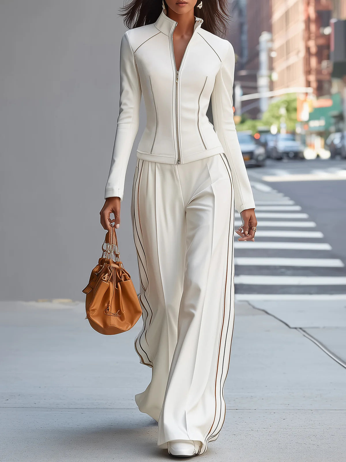 Women's White Zip-Up Wide-Leg Pant Set with Stand-Up Collar