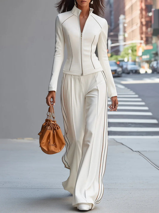 Women's White Zip-Up Wide-Leg Pant Set with Stand-Up Collar
