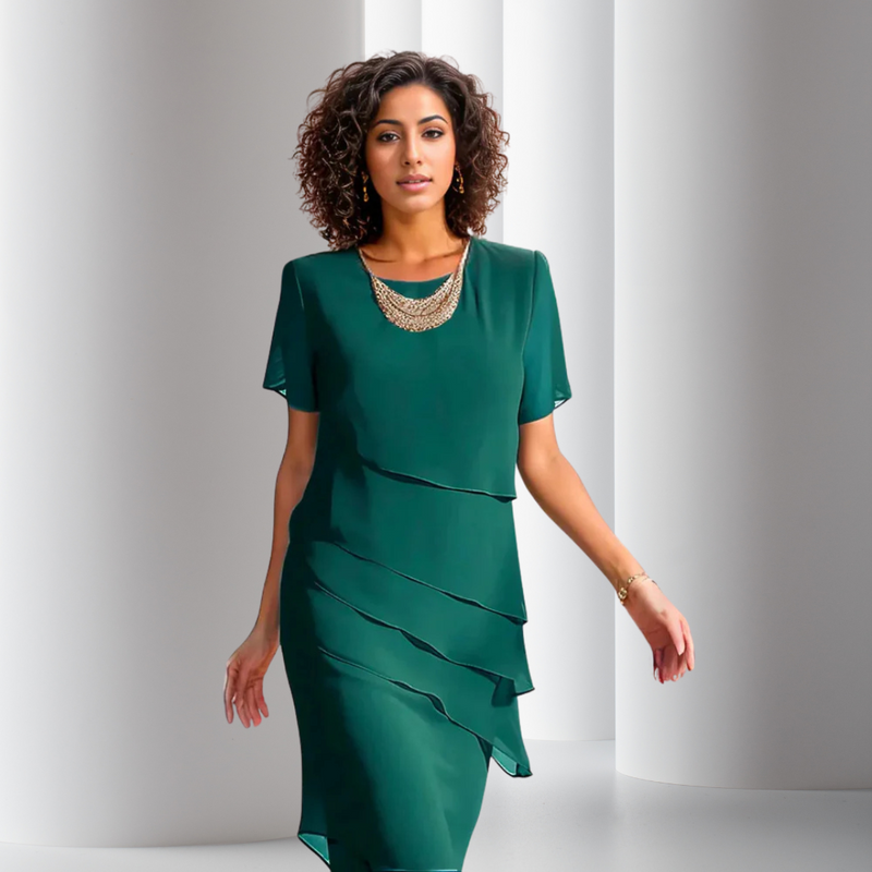 Elara | Women's Layered Midi Dress with Short Sleeve