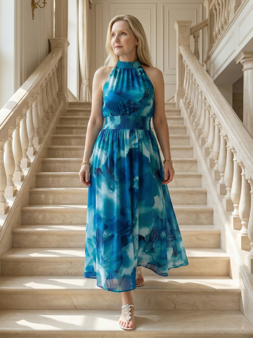 Sylin | Women's Relaxed Gathered Halter Midi Dress
