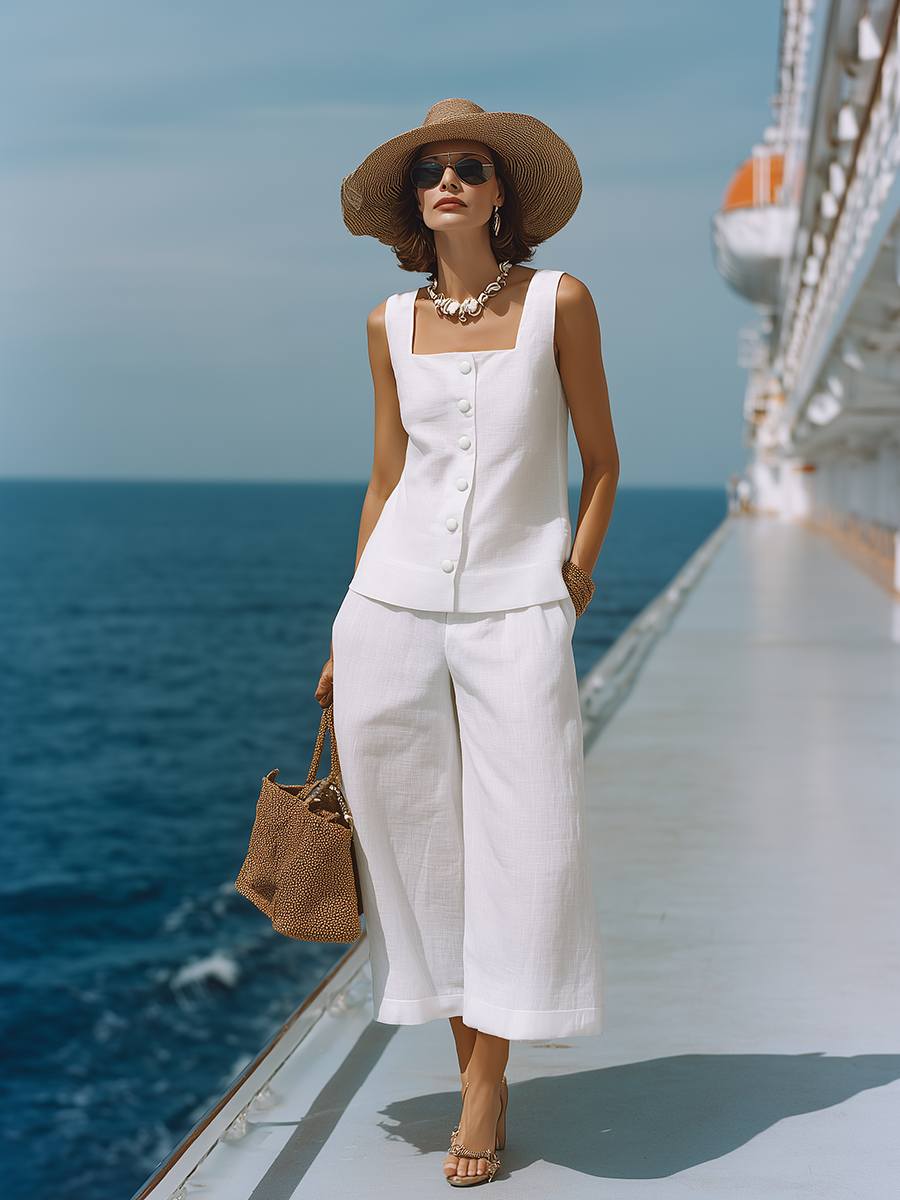 Women's Timeless White, Square Neck Top with Matching Capri Trousers Set
