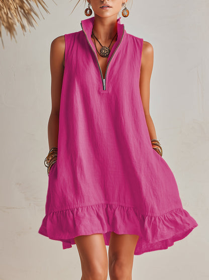 Women's Bright Orange Half-Zip Mini Dress with Ruffled Hem and Stand-Up Collar