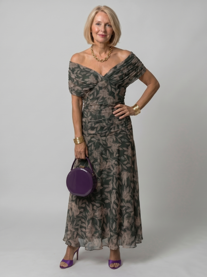 Calen | Women's Elegant Off-Shoulder Midi Dress with Flowing Design