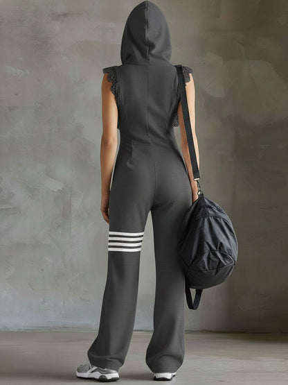 Women's Retro-Inspired Black Sleeveless Hooded Jumpsuit with Sporty Stripes