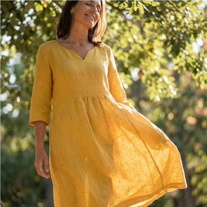 V-Neck Casual Midi Dress for Women with 3/4 Sleeves and Pockets