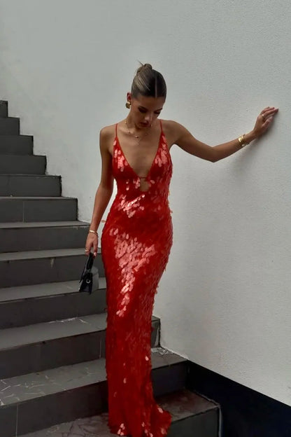Kalea | Women's Glitter Sequins Backless Strap Maxi Dress
