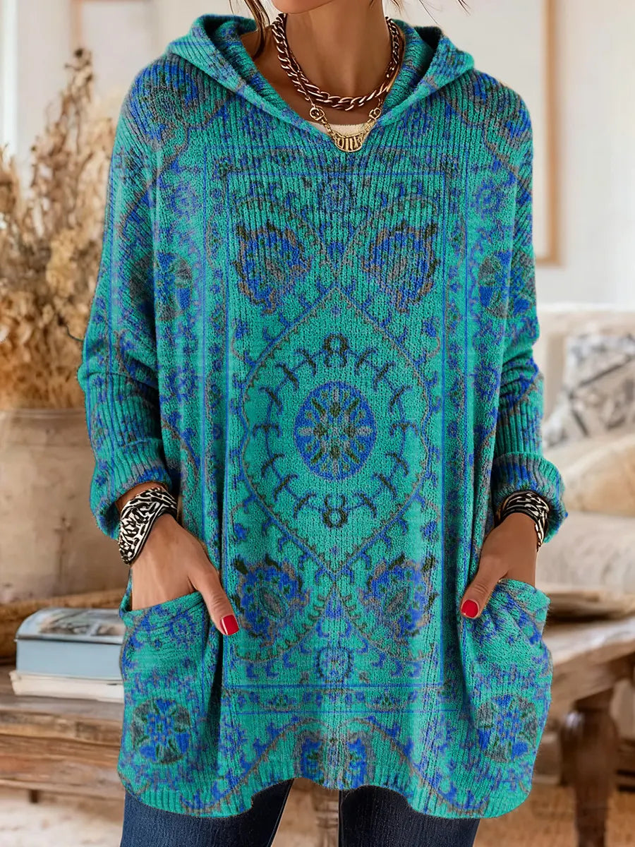 Women's Vintage-Inspired Hooded Tunic with Pockets and Ethnic Print