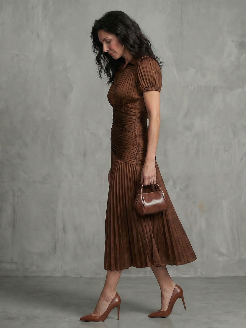 Theodora | Women's Pleated Waistline Stripe Midi Dress
