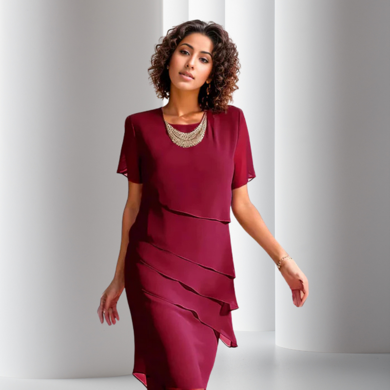 Elara | Women's Layered Midi Dress with Short Sleeve