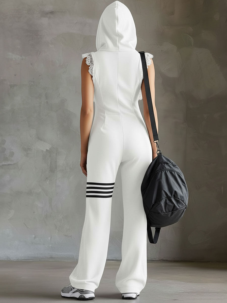 Women's Retro-Inspired Black Sleeveless Hooded Jumpsuit with Sporty Stripes