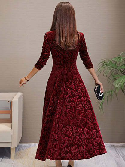 Nancy | Women's Luxe Holiday Midi Dress with V-Neck and Long Sleeve