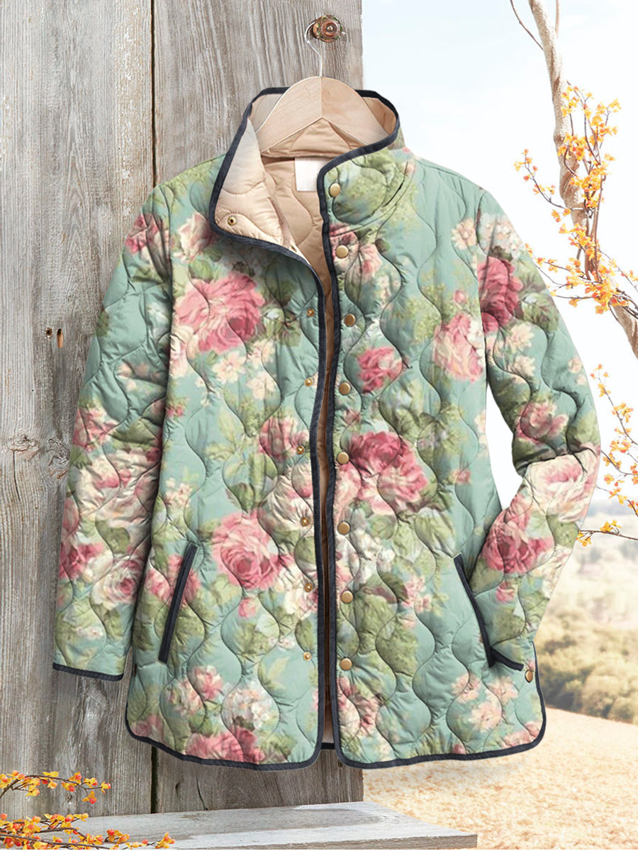 Women's Relaxed Quilted Jacket with Retro Floral Pattern