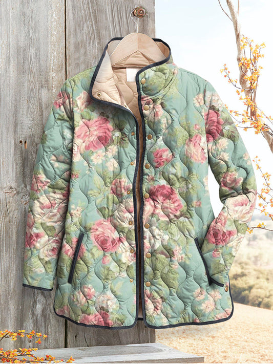 Women's Relaxed Quilted Jacket with Retro Floral Pattern