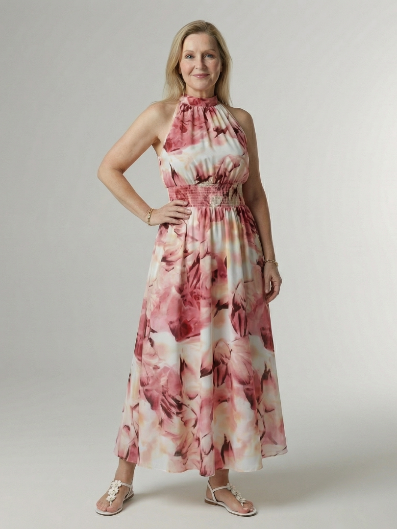 Sylin | Women's Relaxed Gathered Halter Midi Dress
