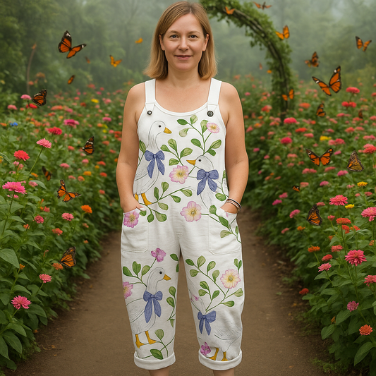 Women's Vintage Floral Wide Leg Jumpsuit, Soft Comfort & Effortless Style