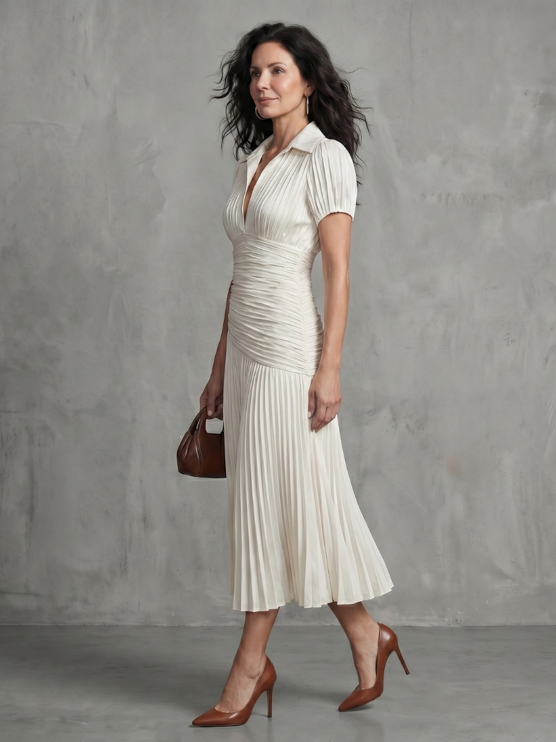 Theodora | Women's Pleated Waistline Stripe Midi Dress