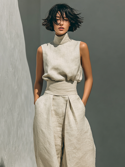 Women's Sleeveless, Blouse and Wide-Leg Trousers Ensemble